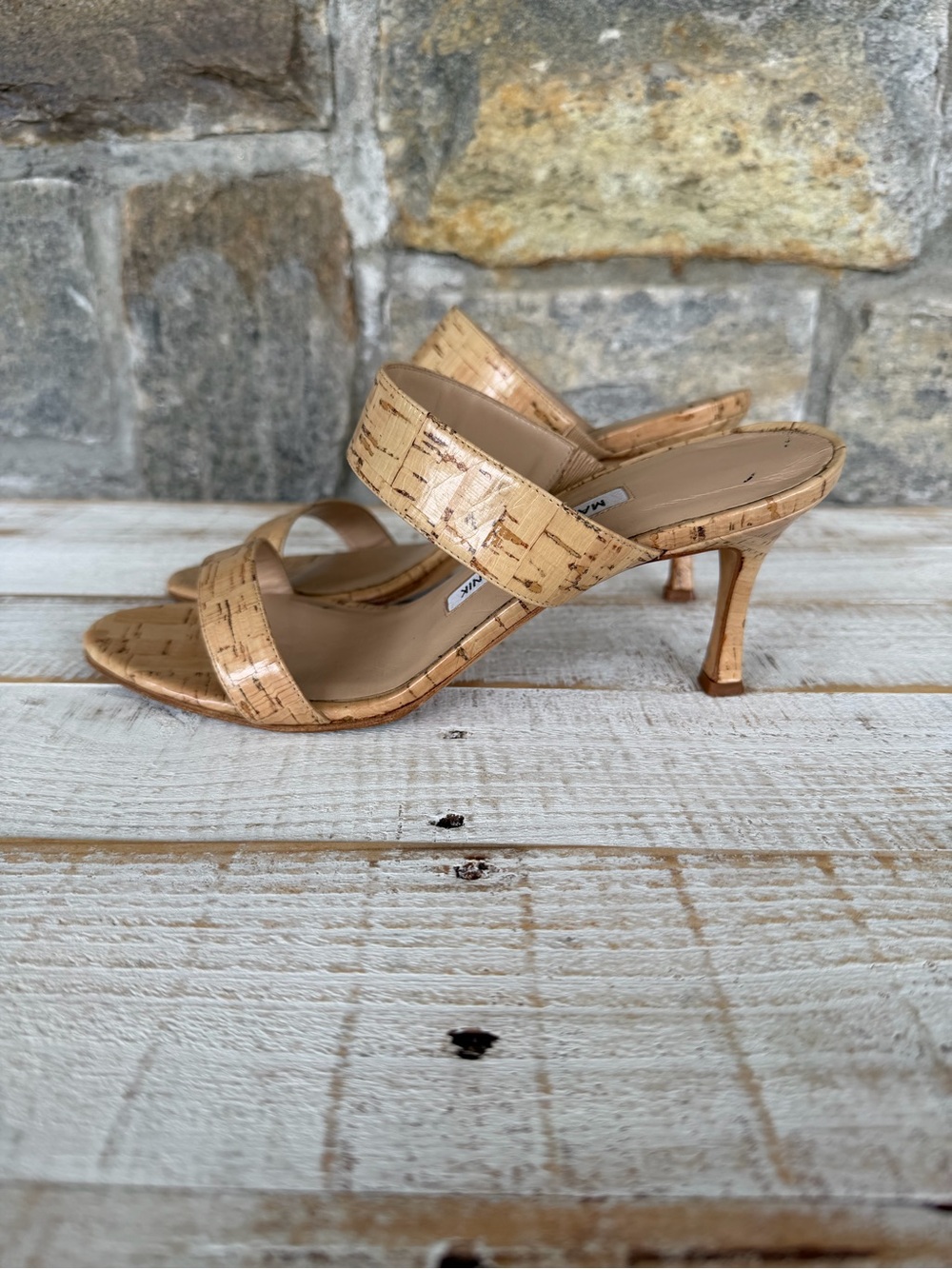 Manolo Blahnik Cork-Textured Double-Strap Heeled Mules in Natural Tan - Picture 2 of 6